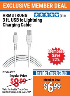 Harbor Freight ITC Coupon 3 FT. LIGHTNING CABLE FOR IPHONE Lot No. 64577 Expired: 3/25/21 - $6.99