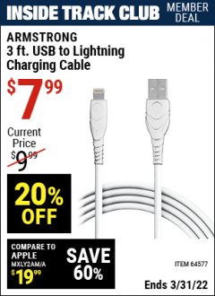 Harbor Freight ITC Coupon 3 FT. LIGHTNING CABLE FOR IPHONE Lot No. 64577 Expired: 3/31/22 - $7.99