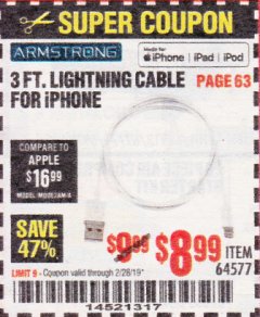Harbor Freight Coupon 3 FT. LIGHTNING CABLE FOR IPHONE Lot No. 64577 Expired: 2/28/19 - $8.99
