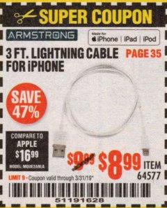 Harbor Freight Coupon 3 FT. LIGHTNING CABLE FOR IPHONE Lot No. 64577 Expired: 3/31/19 - $8.99