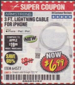Harbor Freight Coupon 3 FT. LIGHTNING CABLE FOR IPHONE Lot No. 64577 Expired: 11/2/19 - $6.99