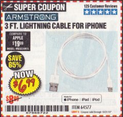 Harbor Freight Coupon 3 FT. LIGHTNING CABLE FOR IPHONE Lot No. 64577 Expired: 10/31/19 - $6.99