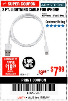 Harbor Freight Coupon 3 FT. LIGHTNING CABLE FOR IPHONE Lot No. 64577 Expired: 10/20/19 - $7.99