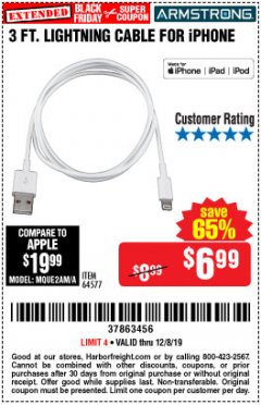 Harbor Freight Coupon 3 FT. LIGHTNING CABLE FOR IPHONE Lot No. 64577 Expired: 12/8/19 - $6.99