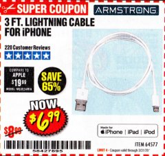 Harbor Freight Coupon 3 FT. LIGHTNING CABLE FOR IPHONE Lot No. 64577 Expired: 3/31/20 - $6.99