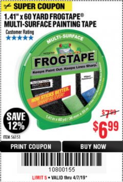 Harbor Freight Coupon 1.41" X 60 YARD FROGTAPE MULTI-SURFACE PAINTING TAPE Lot No. 56151 Expired: 4/7/19 - $6.99