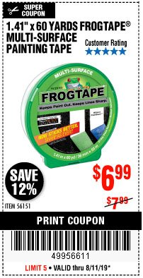 Harbor Freight Coupon 1.41" X 60 YARD FROGTAPE MULTI-SURFACE PAINTING TAPE Lot No. 56151 Expired: 8/11/19 - $6.99
