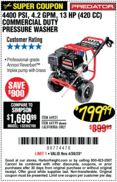 Harbor Freight Coupon 4400 PSI, 4.2 GPM, 13 HP (420 CC) PRESSURE WASHER Lot No. 64931/64199 Expired: 6/30/20 - $799.99