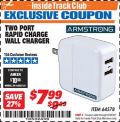 Harbor Freight ITC Coupon DUAL PORT USB WALL CHARGER Lot No. 64578 Expired: 6/30/20 - $7.99