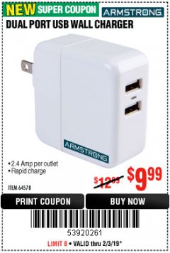 Harbor Freight Coupon DUAL PORT USB WALL CHARGER Lot No. 64578 Expired: 2/3/19 - $9.99