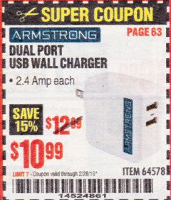 Harbor Freight Coupon DUAL PORT USB WALL CHARGER Lot No. 64578 Expired: 2/28/19 - $10.99