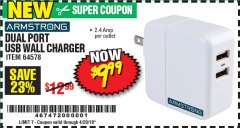 Harbor Freight Coupon DUAL PORT USB WALL CHARGER Lot No. 64578 Expired: 4/20/19 - $9.99