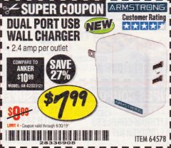 Harbor Freight Coupon DUAL PORT USB WALL CHARGER Lot No. 64578 Expired: 6/30/19 - $7.99