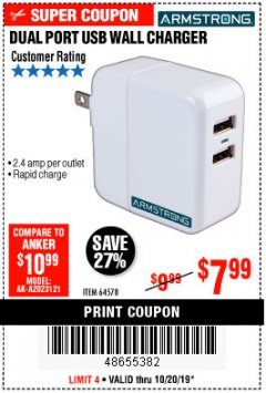 Harbor Freight Coupon DUAL PORT USB WALL CHARGER Lot No. 64578 Expired: 10/20/19 - $7.99