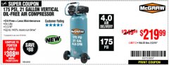 Harbor Freight Coupon MCGRAW 175 PSI, 21 GALLON VERTICAL OIL-FREE AIR COMPRESSOR Lot No. 64858 Expired: 2/3/19 - $219.99