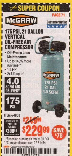 Harbor Freight Coupon MCGRAW 175 PSI, 21 GALLON VERTICAL OIL-FREE AIR COMPRESSOR Lot No. 64858 Expired: 3/31/19 - $229.99