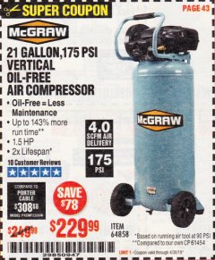 Harbor Freight Coupon MCGRAW 175 PSI, 21 GALLON VERTICAL OIL-FREE AIR COMPRESSOR Lot No. 64858 Expired: 4/30/19 - $229.99
