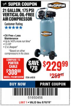 Harbor Freight Coupon MCGRAW 175 PSI, 21 GALLON VERTICAL OIL-FREE AIR COMPRESSOR Lot No. 64858 Expired: 8/18/19 - $229.99