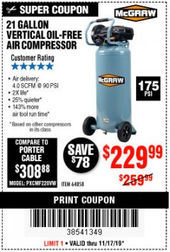 Harbor Freight Coupon MCGRAW 175 PSI, 21 GALLON VERTICAL OIL-FREE AIR COMPRESSOR Lot No. 64858 Expired: 11/17/19 - $229.99