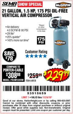 Harbor Freight Coupon MCGRAW 175 PSI, 21 GALLON VERTICAL OIL-FREE AIR COMPRESSOR Lot No. 64858 Expired: 11/24/19 - $229.99