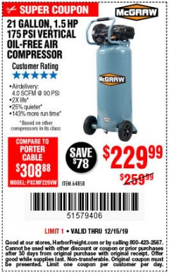 Harbor Freight Coupon MCGRAW 175 PSI, 21 GALLON VERTICAL OIL-FREE AIR COMPRESSOR Lot No. 64858 Expired: 12/15/19 - $229.99