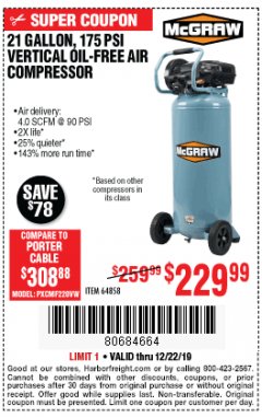 Harbor Freight Coupon MCGRAW 175 PSI, 21 GALLON VERTICAL OIL-FREE AIR COMPRESSOR Lot No. 64858 Expired: 12/22/19 - $229.99