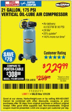 Harbor Freight Coupon MCGRAW 175 PSI, 21 GALLON VERTICAL OIL-FREE AIR COMPRESSOR Lot No. 64858 Expired: 1/31/20 - $229.99
