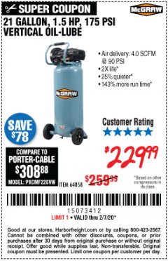 Harbor Freight Coupon MCGRAW 175 PSI, 21 GALLON VERTICAL OIL-FREE AIR COMPRESSOR Lot No. 64858 Expired: 2/7/20 - $229.99