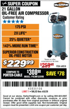 Harbor Freight Coupon MCGRAW 175 PSI, 21 GALLON VERTICAL OIL-FREE AIR COMPRESSOR Lot No. 64858 Expired: 6/30/20 - $229.99