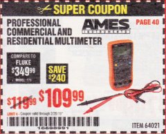 Harbor Freight Coupon AMES PROFESSIONAL COMMERCIAL AND RESIDENTIAL MULTIMETER Lot No. 64021 Expired: 2/28/19 - $109.99