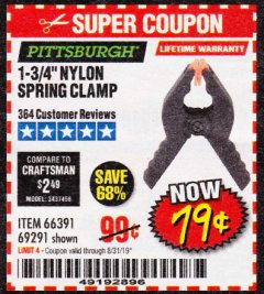 Harbor Freight Coupon 1-3/4" NYLON SPRING CLAMP Lot No. 66391 Expired: 8/31/19 - $0.79