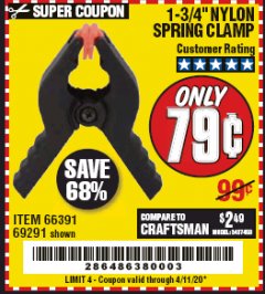 Harbor Freight Coupon 1-3/4" NYLON SPRING CLAMP Lot No. 66391 Expired: 6/30/20 - $0.79