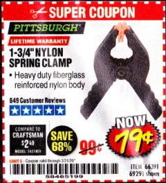 Harbor Freight Coupon 1-3/4" NYLON SPRING CLAMP Lot No. 66391 Expired: 3/31/20 - $0.79