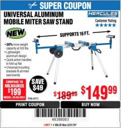 Harbor Freight Coupon HERCULES HEAVY DUTY MOBILE MITER SAW STAND Lot No. 64751/56165 Expired: 3/31/19 - $149.99