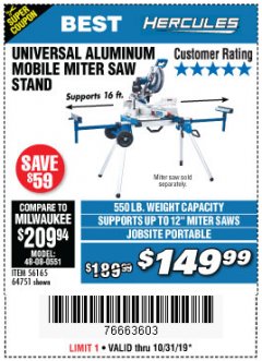 Harbor Freight Coupon HERCULES HEAVY DUTY MOBILE MITER SAW STAND Lot No. 64751/56165 Expired: 10/31/19 - $149.99