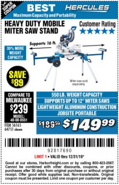 Harbor Freight Coupon HERCULES HEAVY DUTY MOBILE MITER SAW STAND Lot No. 64751/56165 Expired: 12/31/19 - $149.99
