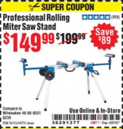 Harbor Freight Coupon HERCULES HEAVY DUTY MOBILE MITER SAW STAND Lot No. 64751/56165 Expired: 3/27/21 - $149.99