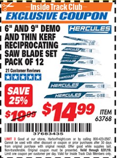 Harbor Freight ITC Coupon HERCULES 6" AND 9" DEMO AND THIN KERF RECIPROCATING SAW BLADE SET PACK OF 12 Lot No. 63768 Expired: 8/31/19 - $14.99