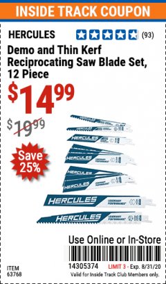 Harbor Freight ITC Coupon HERCULES 6" AND 9" DEMO AND THIN KERF RECIPROCATING SAW BLADE SET PACK OF 12 Lot No. 63768 Expired: 8/31/20 - $14.99