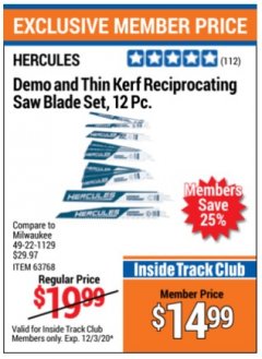 Harbor Freight ITC Coupon HERCULES 6" AND 9" DEMO AND THIN KERF RECIPROCATING SAW BLADE SET PACK OF 12 Lot No. 63768 Expired: 12/3/20 - $14.99