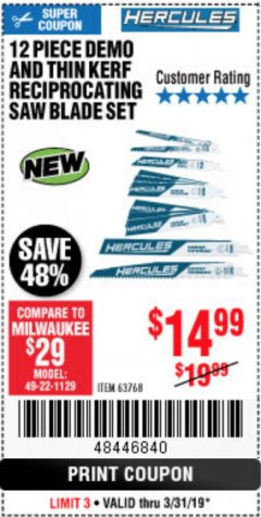 Harbor Freight Coupon HERCULES 6" AND 9" DEMO AND THIN KERF RECIPROCATING SAW BLADE SET PACK OF 12 Lot No. 63768 Expired: 3/31/19 - $14.99