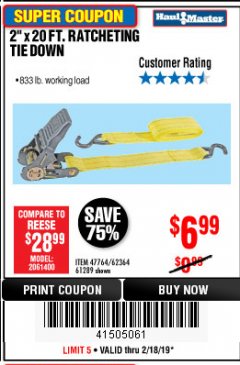 Harbor Freight Coupon 2" x 20 FT. RATCHETING TIE DOWN Lot No. 61289/47764/62364 Expired: 2/18/19 - $6.99