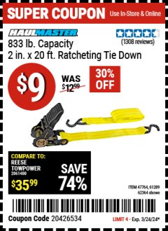 Harbor Freight Coupon 2" x 20 FT. RATCHETING TIE DOWN Lot No. 61289/47764/62364 Expired: 3/24/24 - $0.09