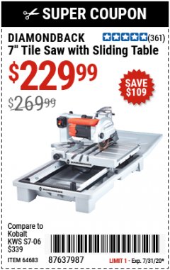 Harbor Freight Coupon 1.5 HP, 7" TILE SAW WITH SLIDING TABLE Lot No. 64683 Expired: 7/31/20 - $229.99