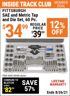 Harbor Freight ITC Coupon 60 PIECE SAE AND METRIC TAP AND DIE SET Lot No. 60366/35407 Expired: 8/26/21 - $34.99