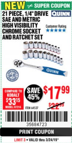 Harbor Freight Coupon QUINN 21 PIECE, 1/4" DRIVE SAE AND METRIC HIGH VISIBILITY SOCKET SET Lot No. 64537 Expired: 3/24/19 - $17.99