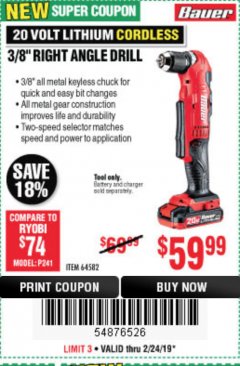 Harbor Freight Coupon BAUER 20 VOLT HYPERMAX LITHIUM CORDLESS 3/8" RIGHT ANGLE DRILL Lot No. 64582 Expired: 2/24/19 - $59.99