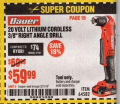 Harbor Freight Coupon BAUER 20 VOLT HYPERMAX LITHIUM CORDLESS 3/8" RIGHT ANGLE DRILL Lot No. 64582 Expired: 3/31/19 - $59.99