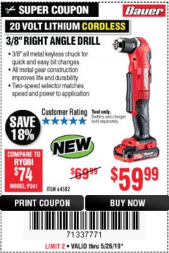 Harbor Freight Coupon BAUER 20 VOLT HYPERMAX LITHIUM CORDLESS 3/8" RIGHT ANGLE DRILL Lot No. 64582 Expired: 5/26/19 - $59.99