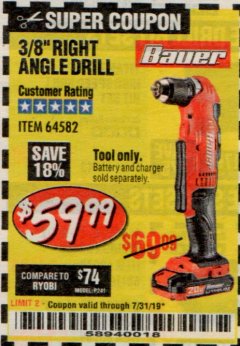 Harbor Freight Coupon BAUER 20 VOLT HYPERMAX LITHIUM CORDLESS 3/8" RIGHT ANGLE DRILL Lot No. 64582 Expired: 7/31/19 - $59.99